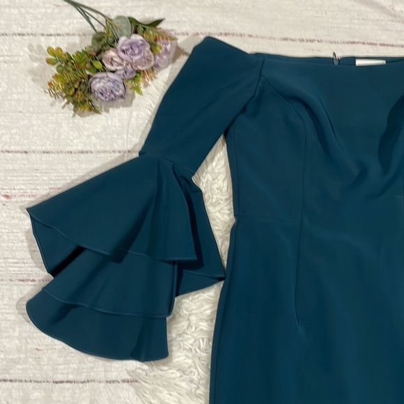Milly Selena Slit Off The Shoulder Ruffle Tiered Sleeve Dress In Teal - Picture 6 of 11